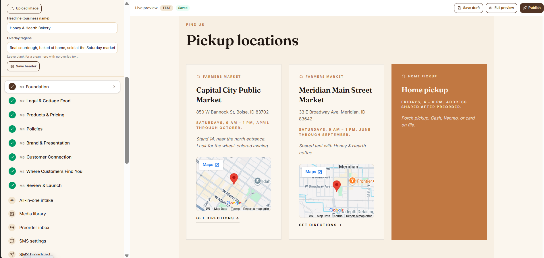 From Oven to Market builder controls beside a live storefront preview